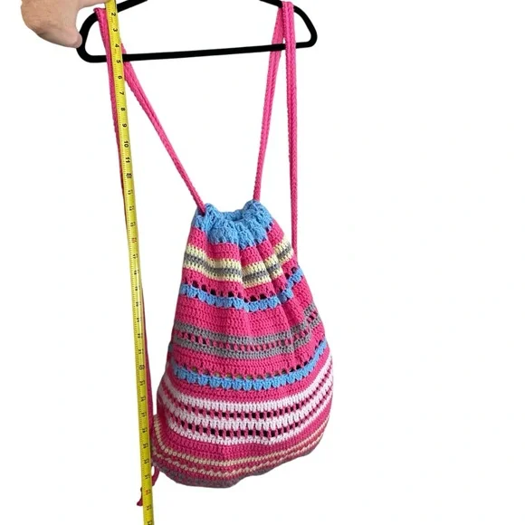 Handmade Boho Unique Crochet Colorful Striped Cinch Sak Backpack Handbag - Picture 7 of 8